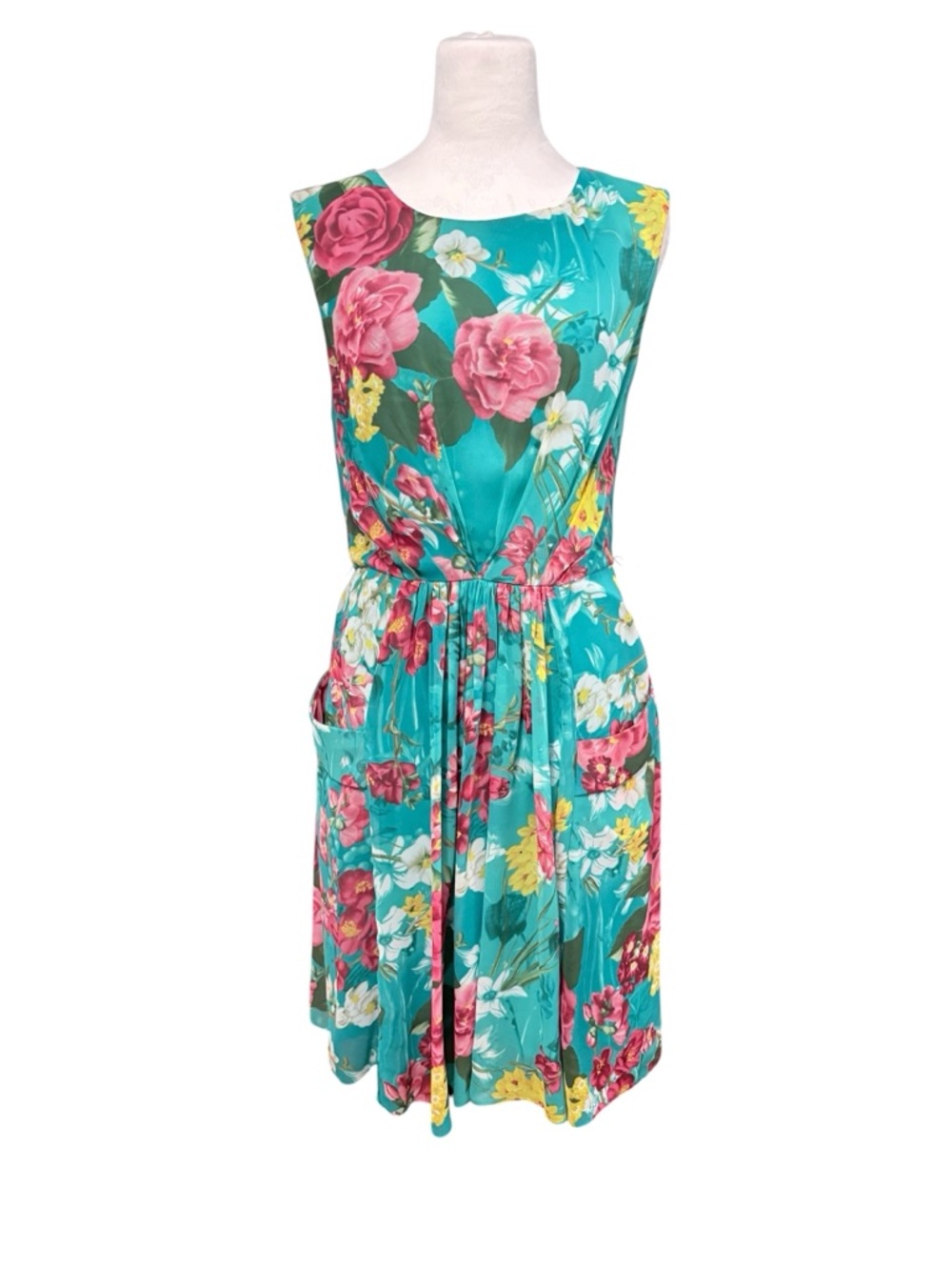 Evan Picone Floral Dress in Teal with Pink Roses Sleeveless Dress Sz 12 - Picture 3 of 9